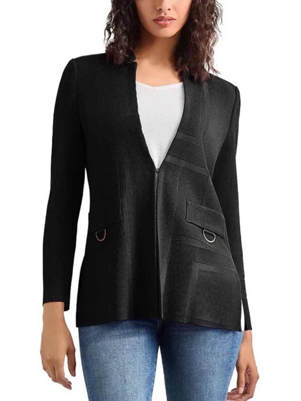 Misook Black Textured D-Ring Jacket Small Quiet Luxury